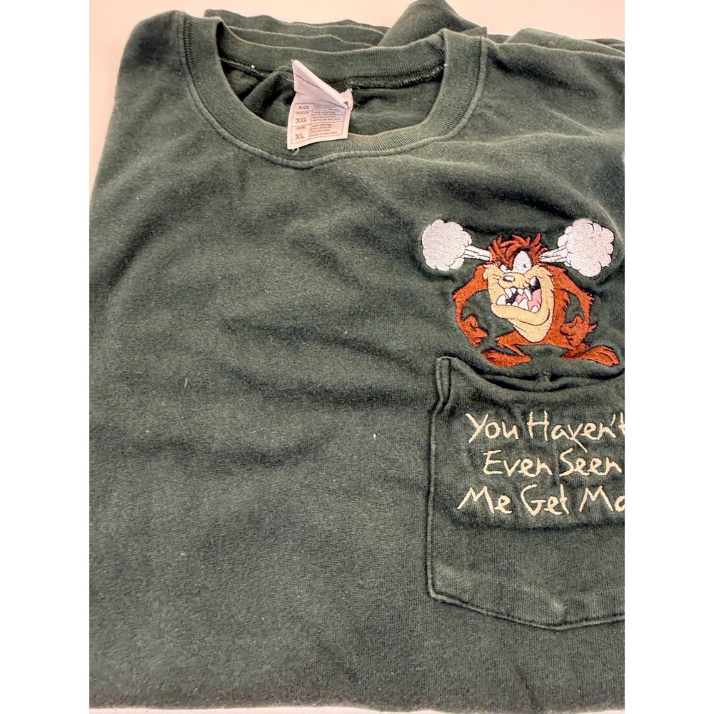 Vintage‎ Warner Bros Taz Embroidered Pocket T-Shirt Green XL Looney Tunes